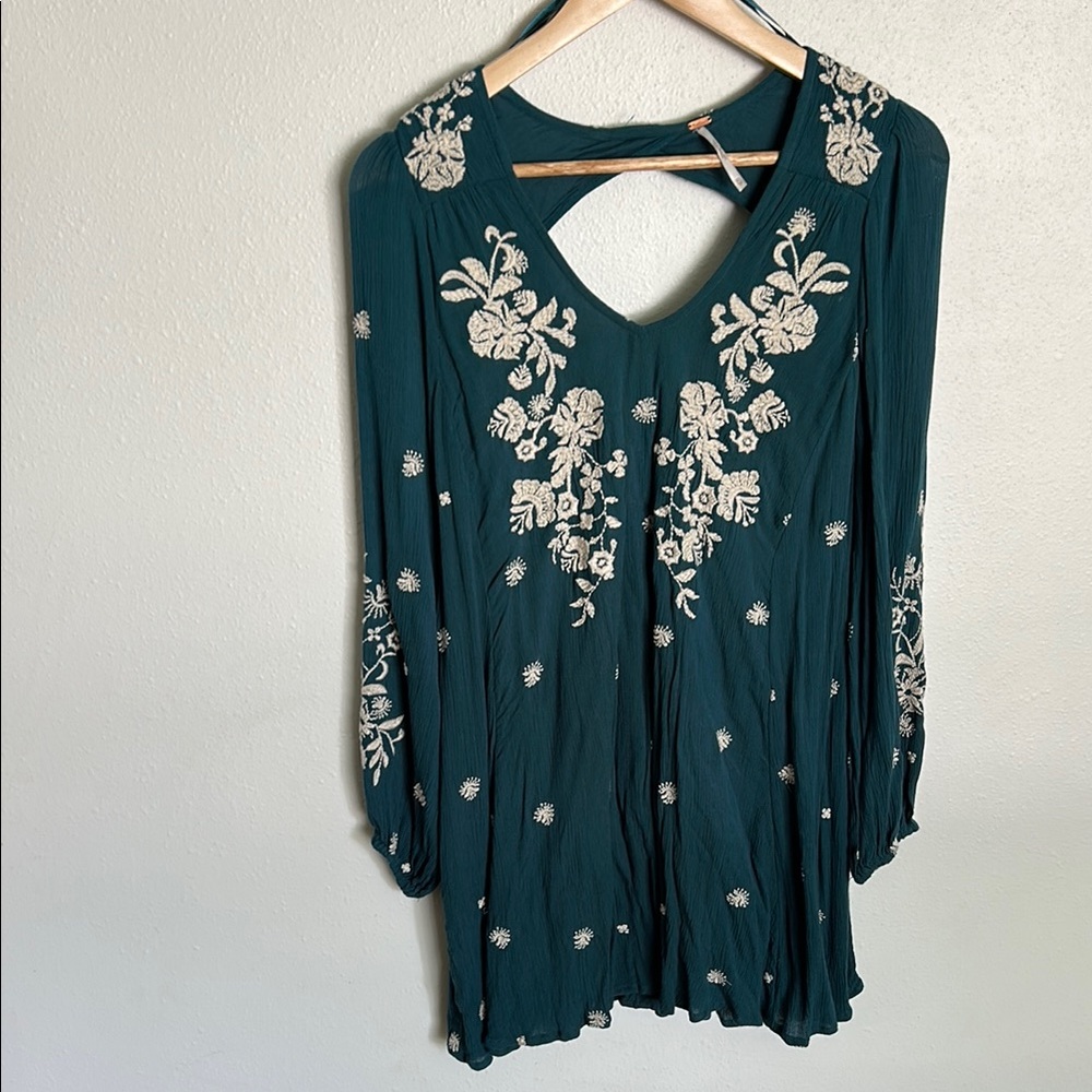 Free People Teal Boho Top with White Embroidery